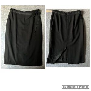 Banana Republic Wool Black Maxi Skrt Back Slit Tie Waist Satin Trim Sz 6 Career